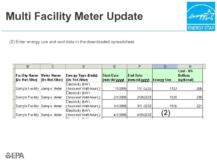 Multi Facility Meter Update (2) Enter energy use and cost data in the downloaded