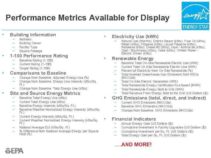 Performance Metrics Available for Display • Building Information – – • 1 -100 Performance