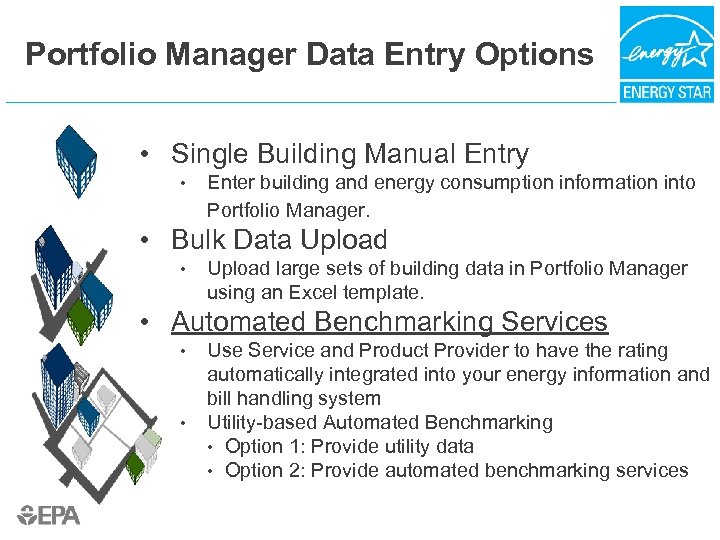 Portfolio Manager Data Entry Options • Single Building Manual Entry • Enter building and