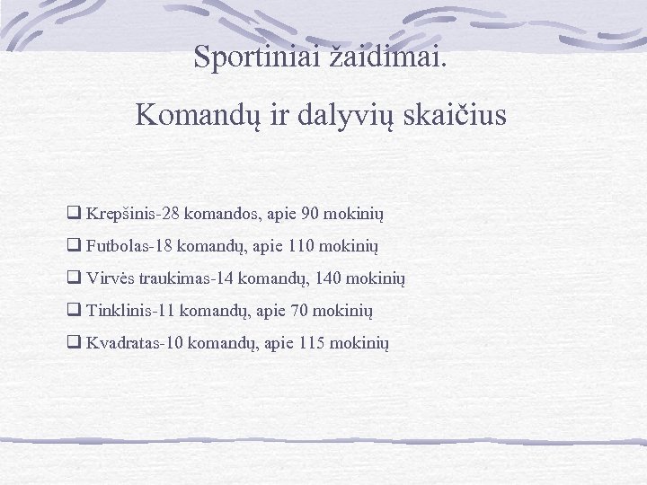 Sportiniai žaidimai. Komandų ir dalyvių skaičius q Krepšinis-28 komandos, apie 90 mokinių q Futbolas-18
