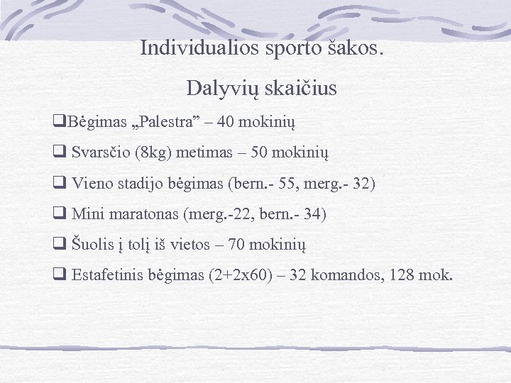 Individualios sporto šakos. Dalyvių skaičius q. Bėgimas „Palestra” – 40 mokinių q Svarsčio (8