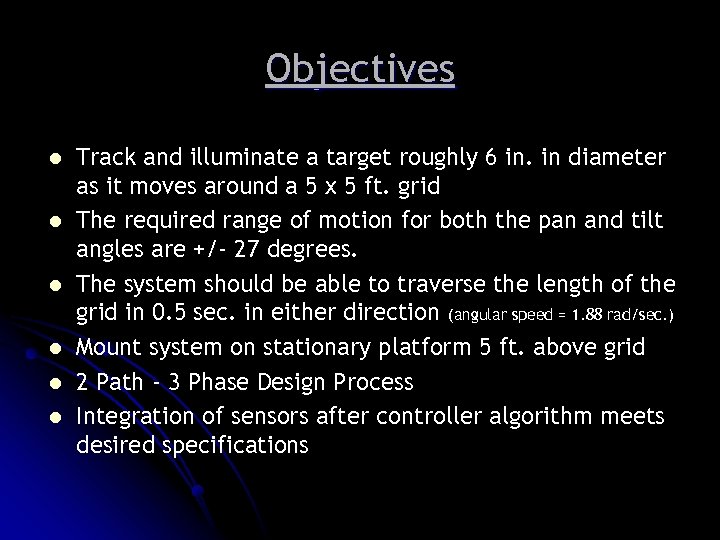 Objectives l l l Track and illuminate a target roughly 6 in. in diameter