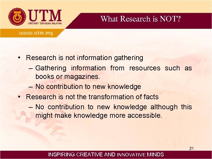 What Research is NOT? • Research is not information gathering – Gathering information from