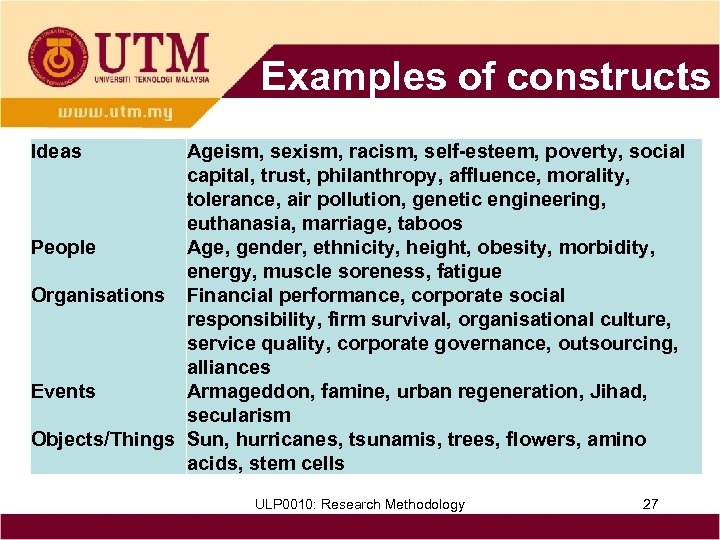 Examples of constructs Ideas Ageism, sexism, racism, self-esteem, poverty, social capital, trust, philanthropy, affluence,