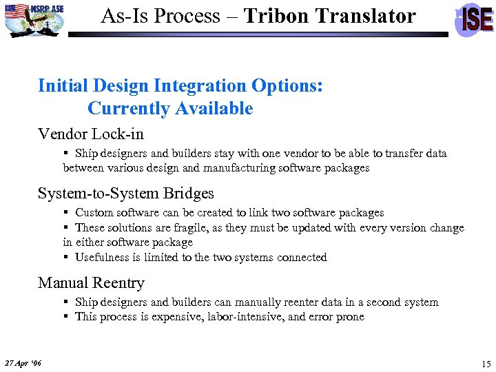 As-Is Process – Tribon Translator Initial Design Integration Options: Currently Available Vendor Lock-in §