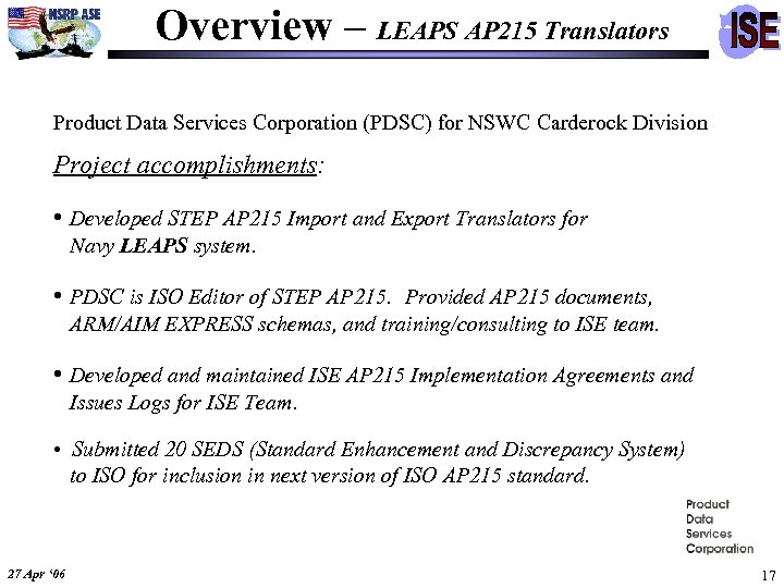 Overview – LEAPS AP 215 Translators Product Data Services Corporation (PDSC) for NSWC Carderock