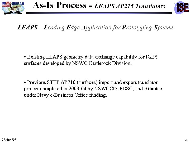 As-Is Process - LEAPS AP 215 Translators LEAPS – Leading Edge Application for Prototyping