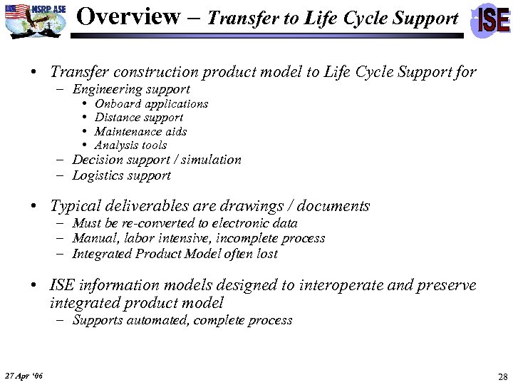 Overview – Transfer to Life Cycle Support • Transfer construction product model to Life