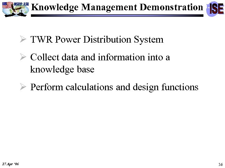 Knowledge Management Demonstration Ø TWR Power Distribution System Ø Collect data and information into