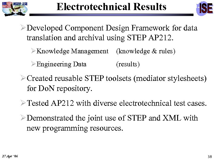 Electrotechnical Results ØDeveloped Component Design Framework for data translation and archival using STEP AP
