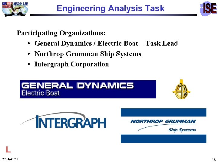 Engineering Analysis Task Participating Organizations: • General Dynamics / Electric Boat – Task Lead