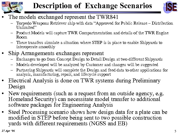 Description of Exchange Scenarios • The models exchanged represent the TWR 841 – Torpedo