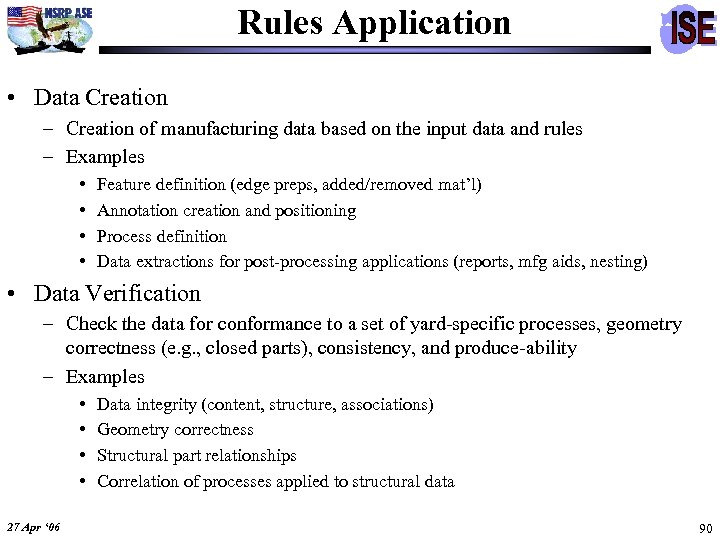 Rules Application • Data Creation – Creation of manufacturing data based on the input