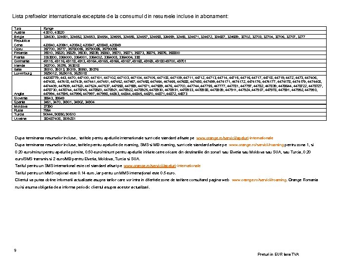 Lista prefixelor internationale exceptate de la consumul din resursele incluse in abonament: Tara Austria