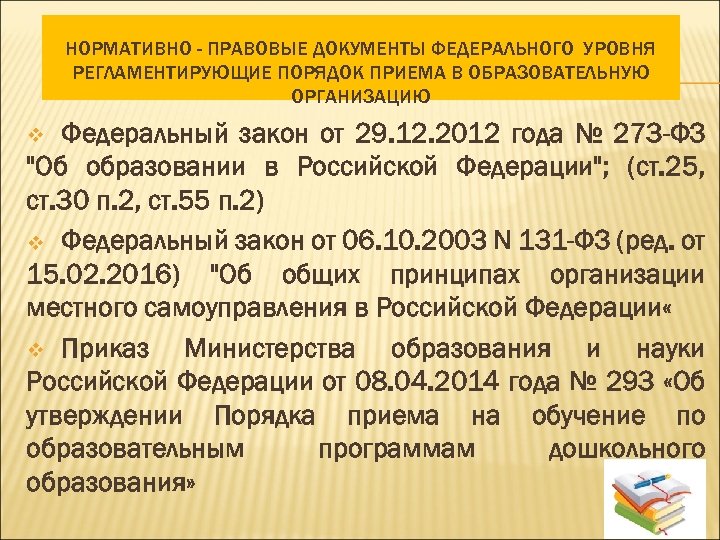 НОРМАТИВНО - ПРАВОВЫЕ ДОКУМЕНТЫ ФЕДЕРАЛЬНОГО УРОВНЯ РЕГЛАМЕНТИРУЮЩИЕ ПОРЯДОК ПРИЕМА В ОБРАЗОВАТЕЛЬНУЮ ОРГАНИЗАЦИЮ Федеральный закон