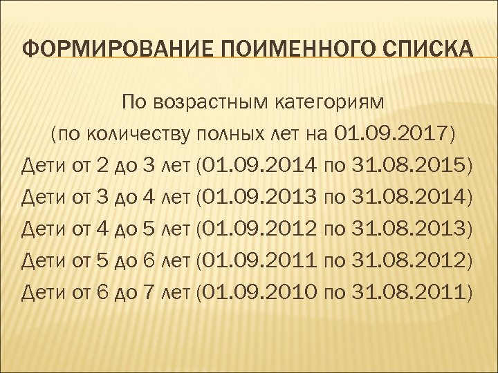 ФОРМИРОВАНИЕ ПОИМЕННОГО СПИСКА По возрастным категориям (по количеству полных лет на 01. 09. 2017)