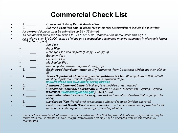 Commercial Check List • • • – – – – • • 1. ______