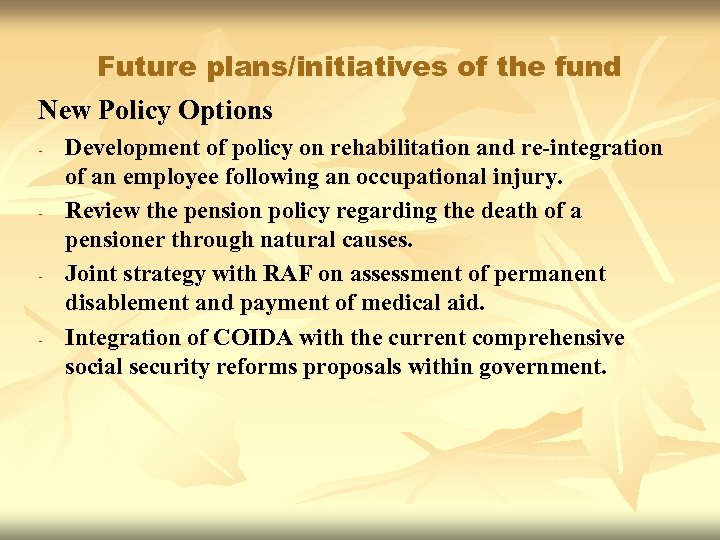 Future plans/initiatives of the fund New Policy Options - - Development of policy on