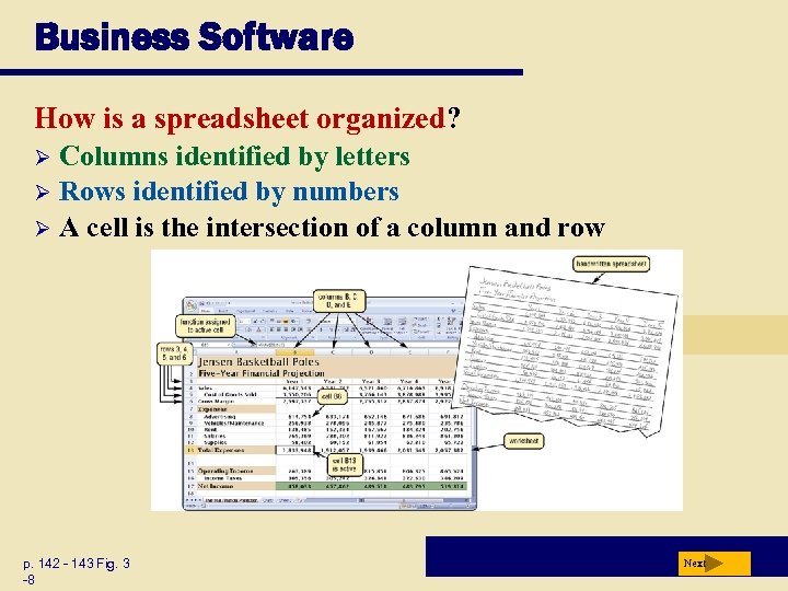 Business Software How is a spreadsheet organized? Columns identified by letters Ø Rows identified