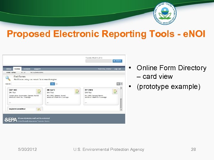 Proposed Electronic Reporting Tools - e. NOI • Online Form Directory – card view