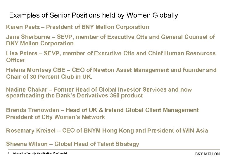 Examples of Senior Positions held by Women Globally Karen Peetz – President of BNY