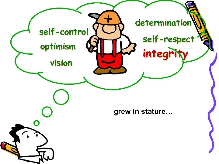 self-control optimism vision determination self-respect integrity grew in stature… 