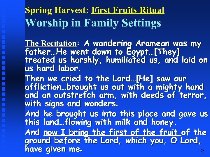 Spring Harvest: First Fruits Ritual Worship in Family Settings The Recitation: A wandering Aramean