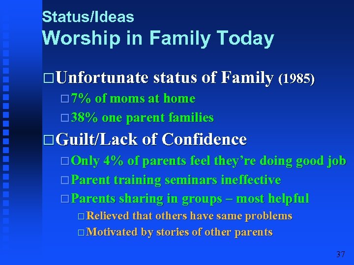 Status/Ideas Worship in Family Today Unfortunate status of Family (1985) 7% of moms at