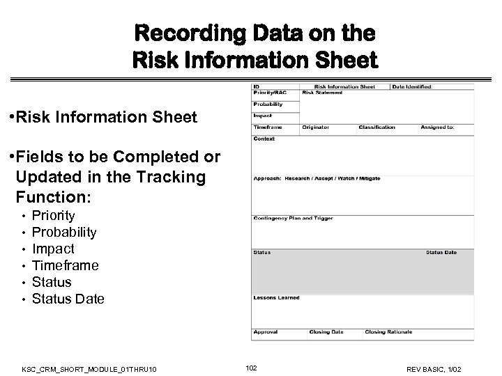 Recording Data on the Risk Information Sheet • Fields to be Completed or Updated