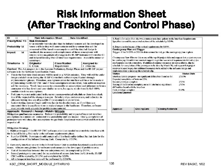 Risk Information Sheet (After Tracking and Control Phase) KSC_CRM_SHORT_MODULE_01 THRU 10 135 REV BASIC,