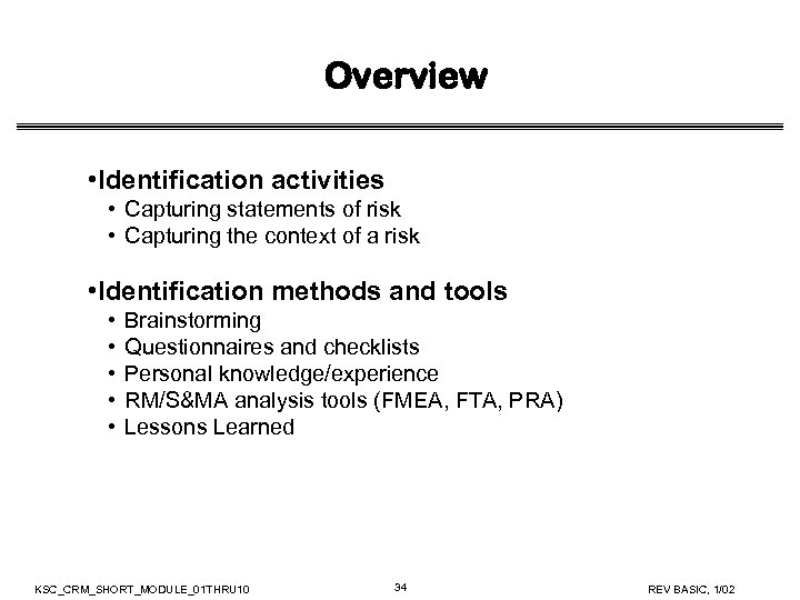 Overview • Identification activities • Capturing statements of risk • Capturing the context of