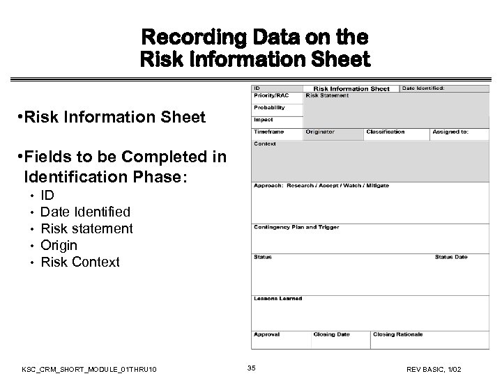 Recording Data on the Risk Information Sheet • Fields to be Completed in Identification