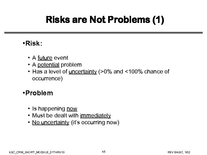 Risks are Not Problems (1) • Risk: • A future event • A potential