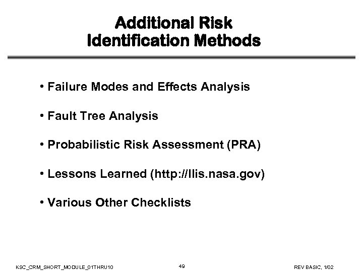 Additional Risk Identification Methods • Failure Modes and Effects Analysis • Fault Tree Analysis