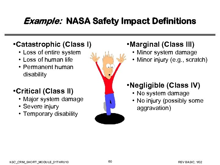 Example: NASA Safety Impact Definitions • Catastrophic (Class I) • Marginal (Class III) •