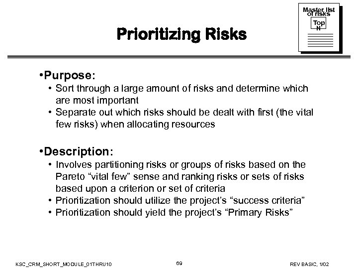 Prioritizing Risks Master list of risks Top N • Purpose: • Sort through a