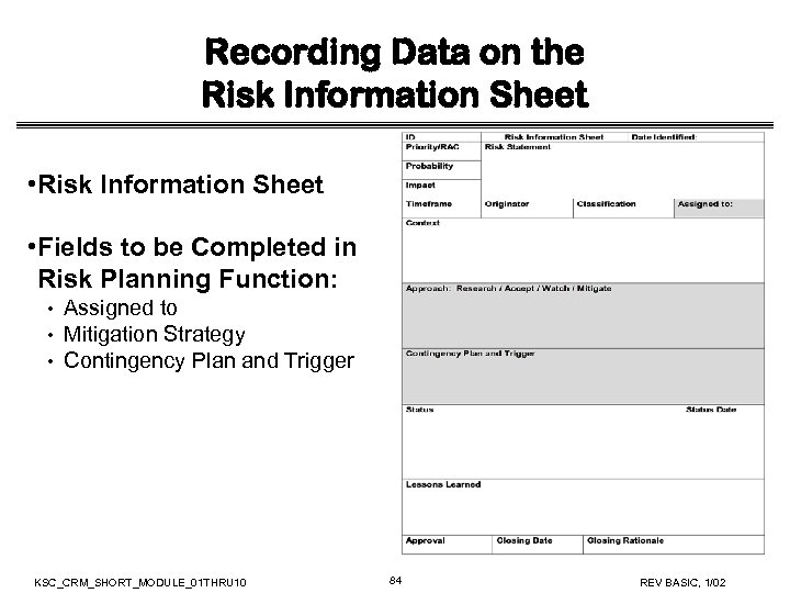 Recording Data on the Risk Information Sheet • Fields to be Completed in Risk