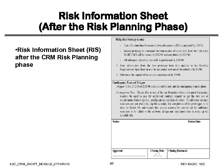 Risk Information Sheet (After the Risk Planning Phase) • Risk Information Sheet (RIS) after