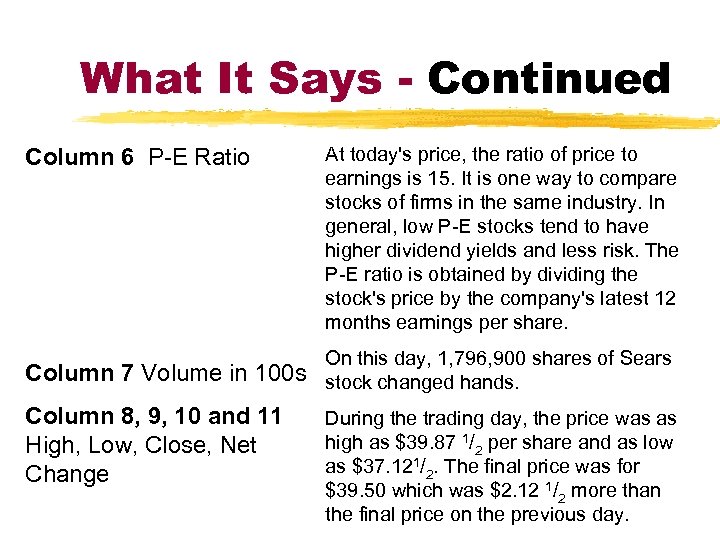 What It Says - Continued Column 6 P-E Ratio Column 7 Volume in 100
