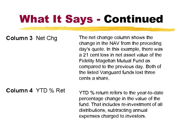What It Says - Continued Column 3 Net Chg Column 4 YTD % Ret