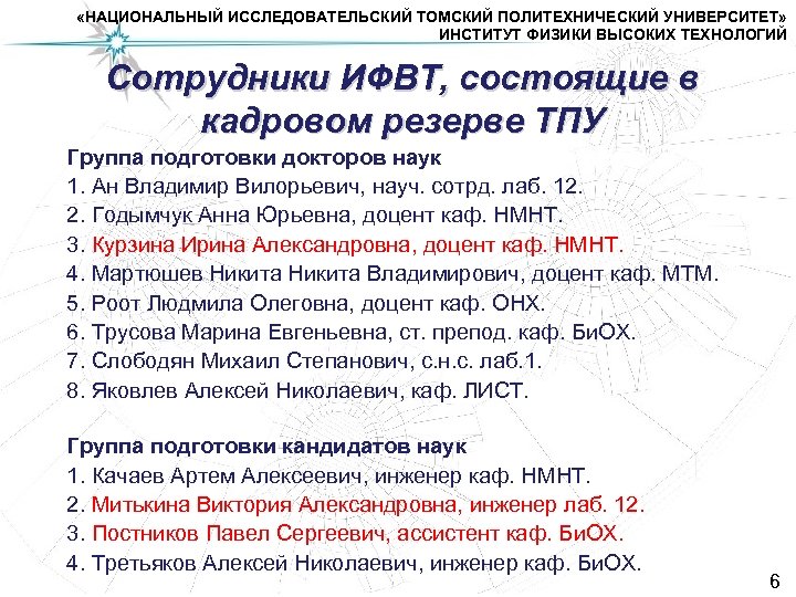  «НАЦИОНАЛЬНЫЙ ИССЛЕДОВАТЕЛЬСКИЙ ТОМСКИЙ ПОЛИТЕХНИЧЕСКИЙ УНИВЕРСИТЕТ» ИНСТИТУТ ФИЗИКИ ВЫСОКИХ ТЕХНОЛОГИЙ Сотрудники ИФВТ, состоящие в