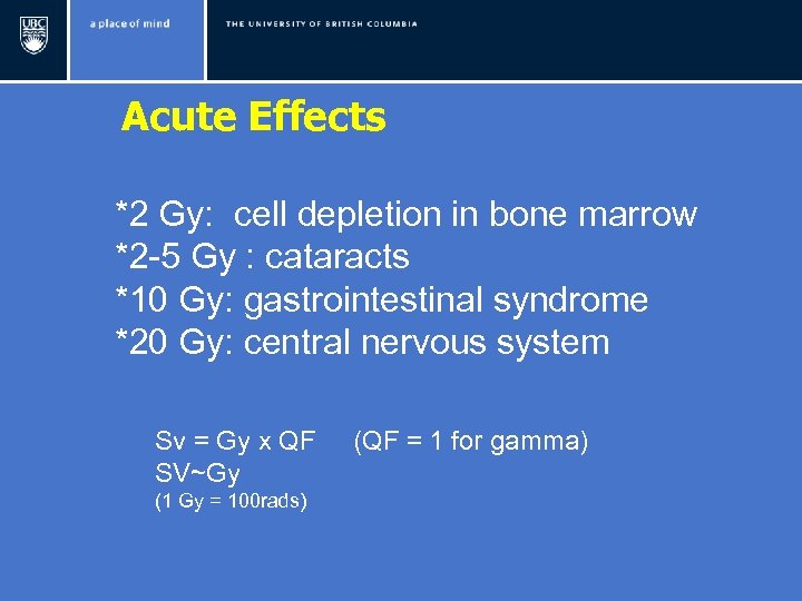 Acute Effects *2 Gy: cell depletion in bone marrow *2 -5 Gy : cataracts