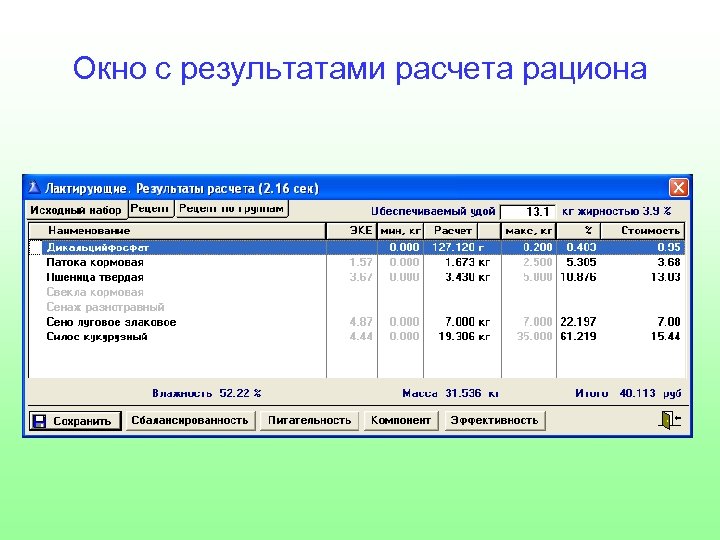 Окно с результатами расчета рациона 