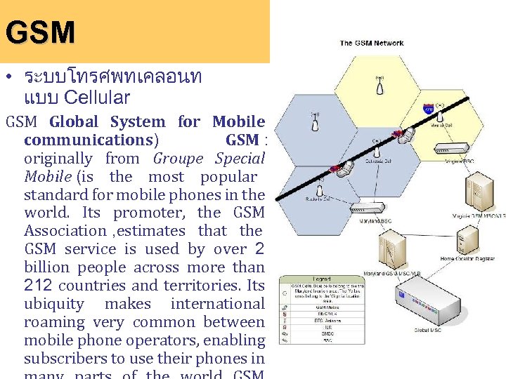 GSM • ระบบโทรศพทเคลอนท แบบ Cellular GSM Global System for Mobile communications) GSM : originally