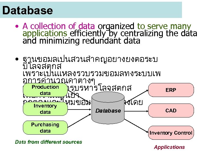 Database • A collection of data organized to serve many applications efficiently by centralizing