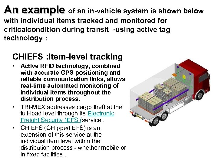 An example of an in-vehicle system is shown below with individual items tracked and