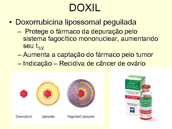 DOXIL • Doxorrubicina lipossomal peguilada – Protege o fármaco da depuração pelo sistema fagocítico
