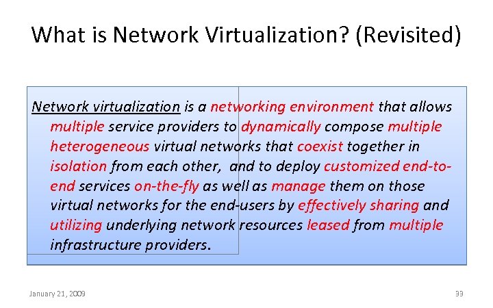 What is Network Virtualization? (Revisited) Network virtualization is a networking environment that allows multiple