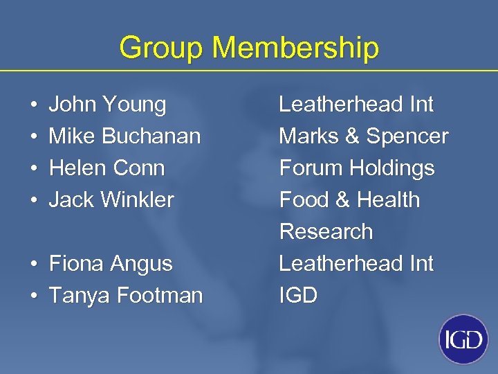 Group Membership • • John Young Mike Buchanan Helen Conn Jack Winkler • Fiona