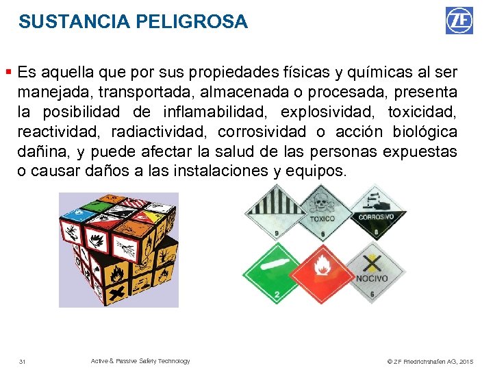 SUSTANCIA PELIGROSA § Es aquella que por sus propiedades físicas y químicas al ser